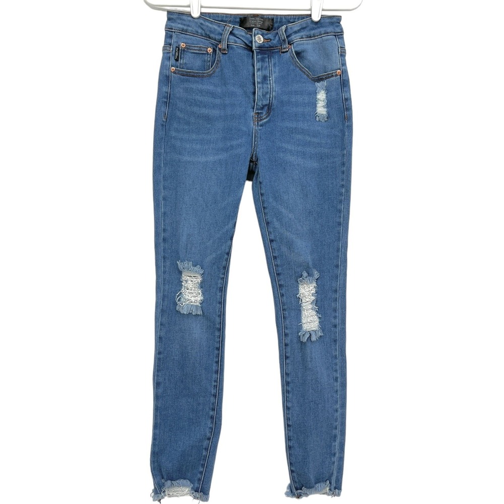 Monkey Ride Womens Distressed Mid Rise Skinny Stretch Jeans Sz 7 (26x27) Raw Hem